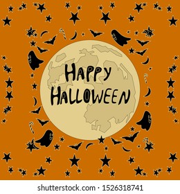 Vector image.Happy Halloween. Mr. Pumpkin casting a bat and moon on a orange background.