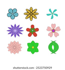 Vector image,Many types of flowers have 5-12 petals and come in purple, pink, red, green, yellow, and blue.
