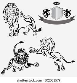 Vector image.Outline of a lion on a grey background