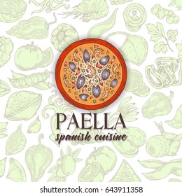 Vector image.Paella Ingredients .Cartoon set doodles hand drawn spain food illustration. Line art detailed, with lots of objects background.Red and yellow green color on a white background 