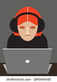 Vector image-portrait of a red-haired girl in black headphones working on a laptop