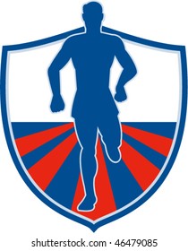 vector Imagery shows a silhouette of a runner with sunburst and road in the background set inside a circle.