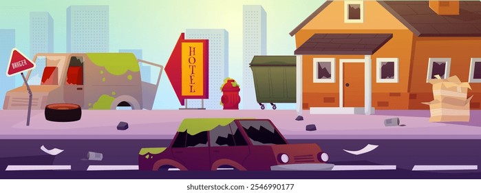 Imagens vetoriais de uma cidade abandonada com edifícios destruídos, lixo, carros cobertos com lixo radioativo verde. Fundo apocalíptico em estilo cartoon