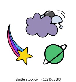 Vector images of aliens, UFO, stars, planets. Colored pins in a minimalist cartoon style. Image for children's clothing, textiles, illustrations, pins, postcards.