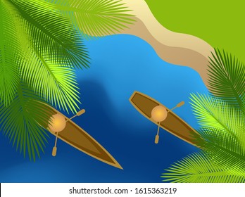 Vector images of boats and rivers. The concept of the passage of man along the river of life. Or the concept of psychology and thinking