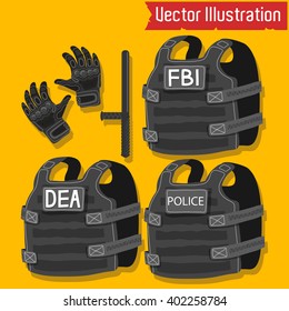 Vector images of body armor, batons and tactical gloves.