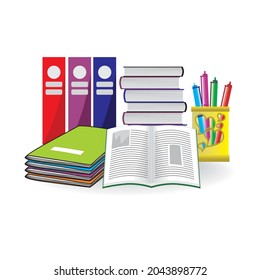 vector images of books, file boxes, pencil cases, stacks of books, open books. use for banner illustration, page decoration. if you like the color and position can be edited