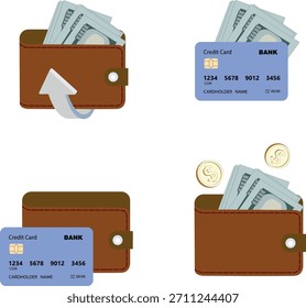 Imágenes vectoriales de carteras marrones con dinero, tarjetas de crédito, billetes de dólar y monedas de oro aisladas sobre fondo blanco.