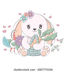 Vector images of a bunny in kawaii style. The cartoon character is made for a kids group of goods. The funny animal smiles cutely. Animal isolated on white background. 