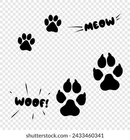 Vector images of cat and dog paw prints on a transparent background, with fun inscriptions.