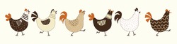 Vector Images Of Chickens, Hens, Cocks, Eggs In Cartoon Style, Line Art.