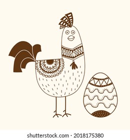 Vector images of chickens, hens, cocks, eggs in cartoon style, line art.