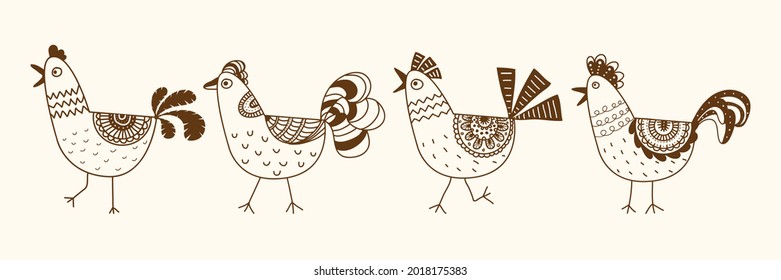 Vector images of chickens, hens, cocks, eggs in cartoon style, line art.