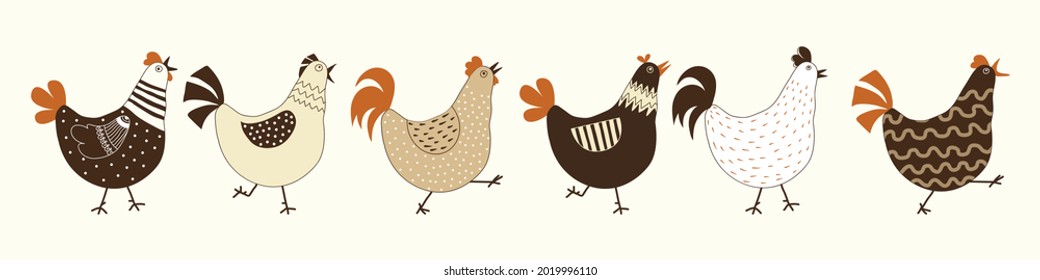 Vector images of chickens, hens, cocks, eggs in cartoon style, line art.