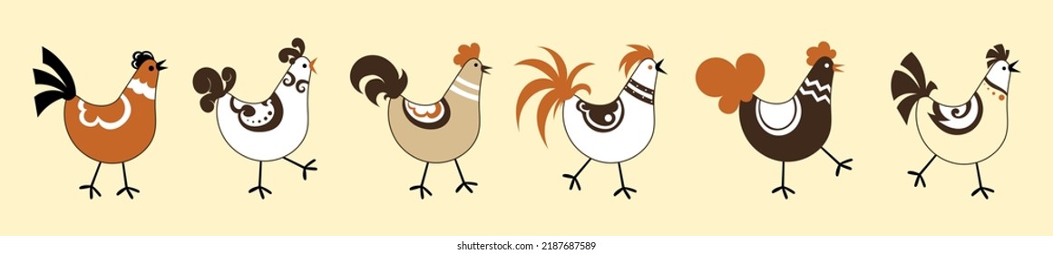 Vector images of chickens, hens, cocks, eggs in cartoon style, line art, chickens line art.