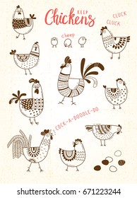 Vector images of chickens, hens, cocks, eggs in cartoon style, line art. Elements for design cover food package, advertising banner, card.