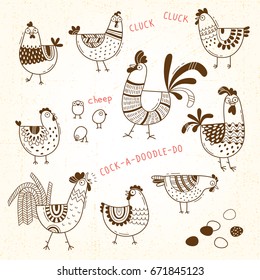 Vector images of chickens, hens, cocks, eggs in cartoon style, line art. Elements for design cover food package, advertising banner, card