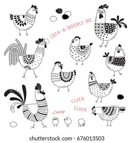 Vector images of chickens, hens, cocks, eggs in cartoon style, line art. Elements for design cover food package, advertising banner, card.