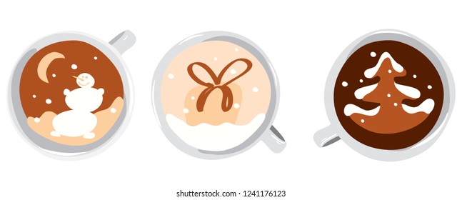 vector images of coffee cups with foam picture, top view / happy holidays winter