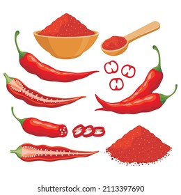 Vector images collection of ripe whole red chili, chili slices and chili powder in bowl 
