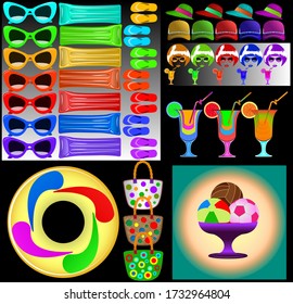 Vector images of colorful beach accessories.