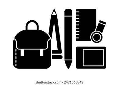 Vector images of colorful school supplies like notebooks, pencils, backpacks, and rulers, symbolizing preparation for the new school year.
