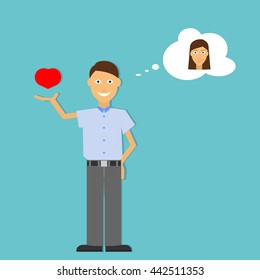 Vector images of the couple in flat style. The character thinks about his beloved. Flat design.