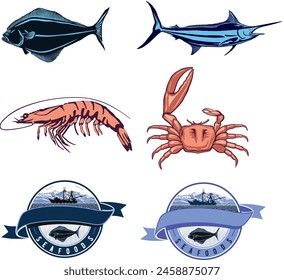 vector images of crab, shrimp, flounder, swordfish, seafood, marine fishing, logo, fishing