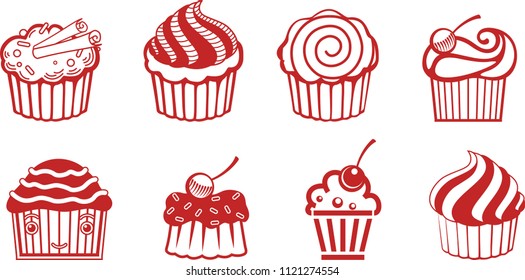 Vector images of cute cartoon cakes (filled with white colour)