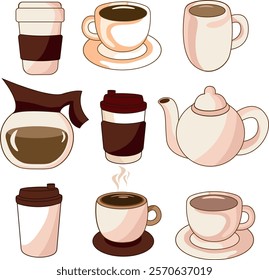 Vector Images of Drinks: Coffee Cups, Coffee Mugs, Hot Beverages, Coffee Pot, Hot Drinks Illustration