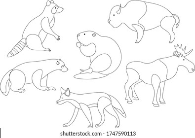 Vector images of European animals. Linear images of animals. Black and white set. Raccoon, bison, moose, coyote, beaver, wolverine.