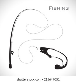 Vector images of fishing rod and fish on white background 