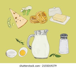 Vector images of food. Milk products. Pictures of food for menus and recipes