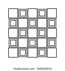 Vector images of geometric shapes arranged in the correct order on a black-and-white background, creating an illusion, textures of black squares, repeating geometric tiles