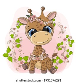 Vector images of a giraffe in a flower meadow. The cute giraffe is made in a cartoon style using bright colors. Clip art is funny and very hilarious.