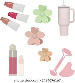 Vector images of girls' things that bring pleasure. Cream, water bottle, hairpins, lip gloss, face roller.