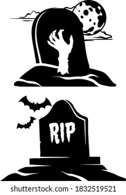 Vector images of graves in the style of Halloween, no background in black.