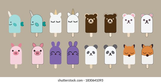 Vector images of ice cream on sticks, made in the form of various animals.