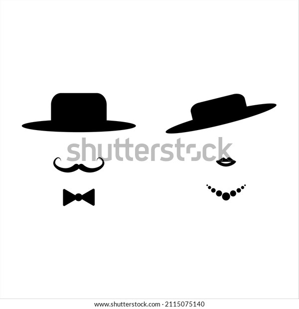 Vector images of icons of men and women\
for the toilet in a restaurant or cafe. Image of a man with a\
mustache and a hat. A woman with beads and a woman\'s\
hat