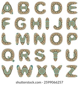 Vector images letters of the English alphabet with vintage pattern of colorful mandala isolated on transparent background