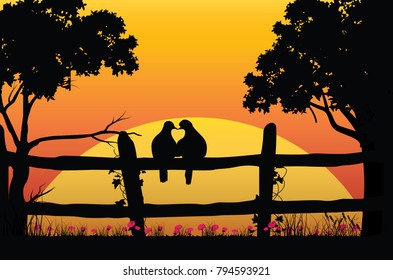 Vector images, lovers birds with beautiful sunset.