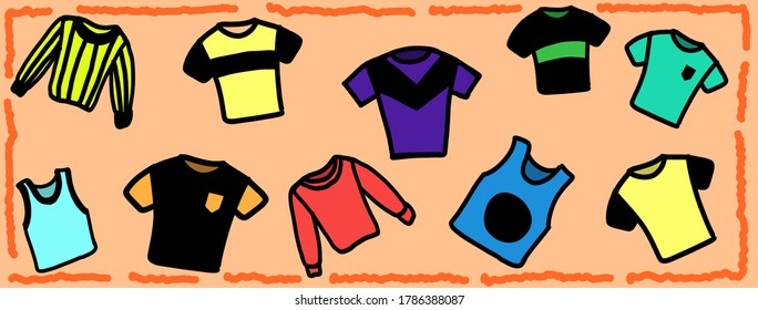 Vector images of many different t-shirts on a light orange background