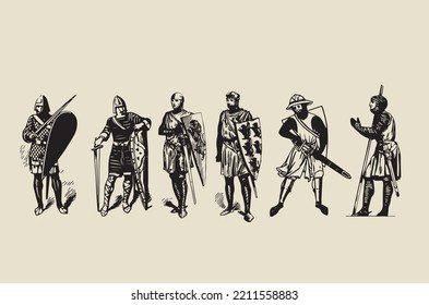 Vector images of medieval knights in various vestments