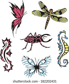 Vector images of miscellaneous insects and sea horses. Set of illustrations.