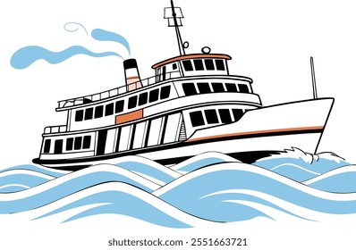 Vector images of Modern Passenger ferry sailing ships, steamships, A large modern double-decker Passenger ferry vector.