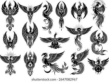 Imagens vetoriais do mítico pássaro fênix são exibidas em vários projetos e interpretações artísticas para tatuagens e arte gráfica, perfeito para projetos de tatuagem e projetos criativos.