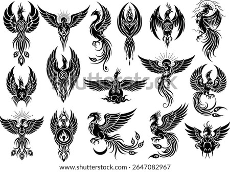 Vector images of the mythical phoenix bird are displayed in various designs and artistic interpretations for tattoos and graphic art, perfect for tattoo designs and creative projects.