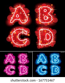 Imágenes vectoriales de letras mayúsculas de neón rojo, rosa y azul con estrellas