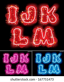 Imagens vetoriais de neon brilhando letras maiúsculas vermelhas, cor-de-rosa e azuis com estrelas