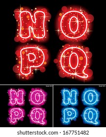 Imágenes vectoriales de letras mayúsculas de neón rojo, rosa y azul con estrellas